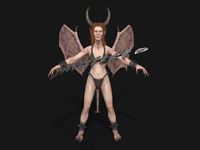 Red Haired Fantasy Game Character With Horns Bat Wings Bikini Outfit And Arm Restraints 3d model
