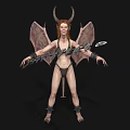 Red Haired Fantasy Game Character With Horns Bat Wings Bikini Outfit And Arm Restraints