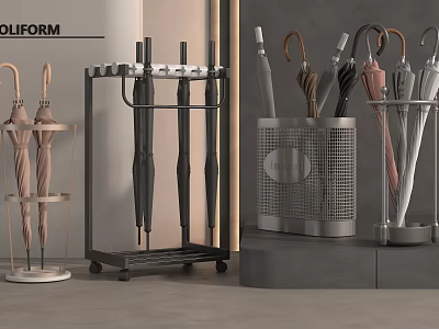 Modern Metal Umbrella Stands With Various Colored Umbrellas And Storage Design 3d model