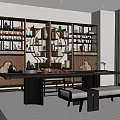 Traditional Chinese Tea Room Interior With Circular Decor Shelves Long Wooden Table And Tea Sets