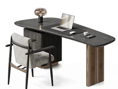 Contemporary Office Desk Featuring Laptop Mouse Cup Decorative Item And Matching Chair 3d model