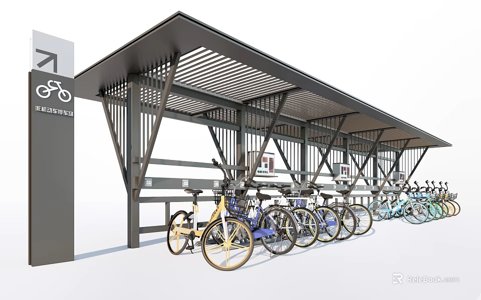 Modern Bicycle Shed With Metal Roof Structure And Multiple Parked Bicycles 3d model 