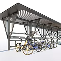 Modern Bicycle Shed With Metal Roof Structure And Multiple Parked Bicycles