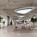 Modern Public Office Area With Circular Blue Ceiling Lights Desks Chairs Windows And Green Plants