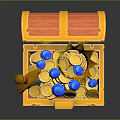 Open Golden Storage Chest Containing Gold Coins Blue Gems Red Handled Sword And Crown