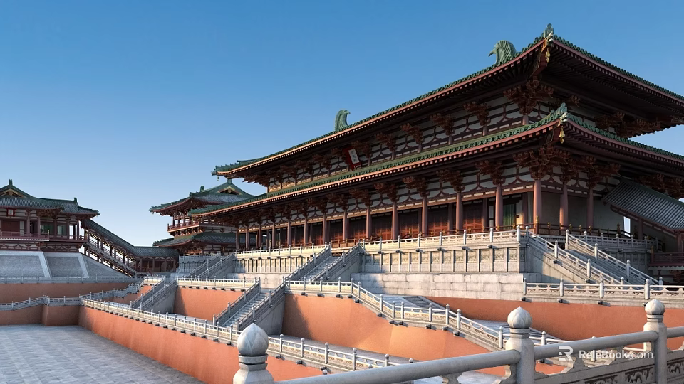 Ancient Chinese Architecture Traditional Palace With Green Tiled Roofs Red Pillars And Stone Steps 3d model 