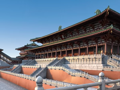 Ancient Chinese Architecture Traditional Palace With Green Tiled Roofs Red Pillars And Stone Steps 3d model