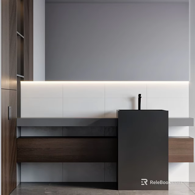 Modern Bathroom Vanity Design With Wooden Cabinetry White Tiles And LED Lighting 3d model 