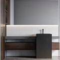 Modern Bathroom Vanity Design With Wooden Cabinetry White Tiles And LED Lighting