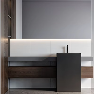 Modern Bathroom Vanity Design With Wooden Cabinetry White Tiles And LED Lighting 3d model
