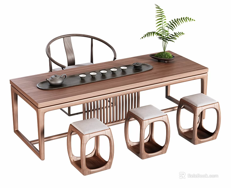 Modern Wooden Tea Table and Chairs Set with Teacups and Potted Fern Plant 3d model 