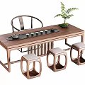 Modern Wooden Tea Table and Chairs Set with Teacups and Potted Fern Plant