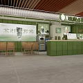 Modern Bubble Tea Shop Interior With Green Counter And Wooden Seating Area