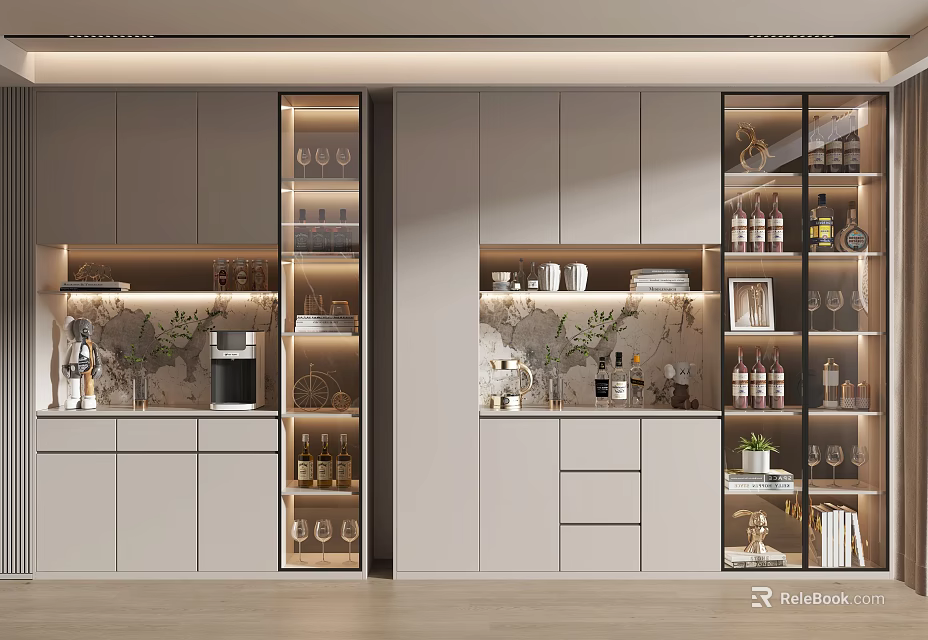 Elegant Modern Wine Cabinet With Glass Doors Wine Bottles And Decorative Plants In Kitchen 3d model 