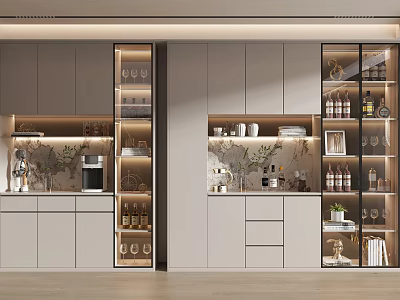 Elegant Modern Wine Cabinet With Glass Doors Wine Bottles And Decorative Plants In Kitchen 3d model
