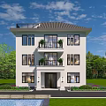 Three Story Detached Villa With White Exterior Balconies Lawn And Swimming Pool