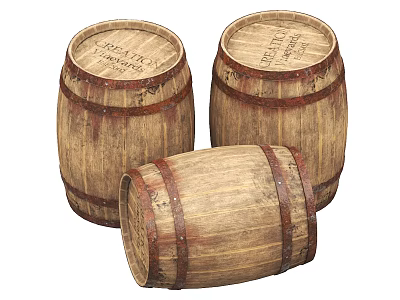 Vintage Ceramic Vessels Shaped Like Wooden Barrels With Rum Whiskey Labels 3d model