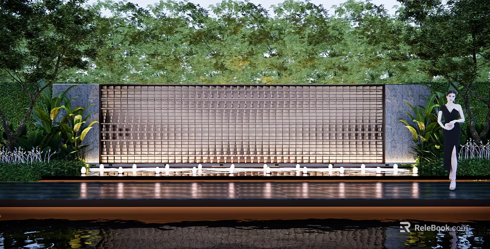 Contemporary Grille Feature Wall With Illuminated Base Green Trees And Water Pool 3d model 