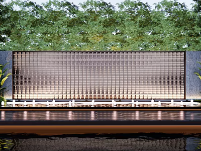 Contemporary Grille Feature Wall With Illuminated Base Green Trees And Water Pool 3d model