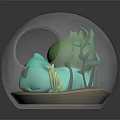 Glass Globe Terrarium Featuring Blue Creature Character With Green Plants Inside Transparent Sphere