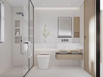Modern Bathroom Interior With Shower Toilet Vanity Mirror And Tiles 3d model