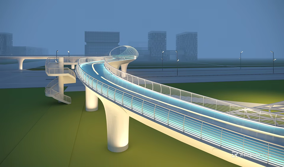 Modern Curved Landscape Bridge With Illuminated Design White Piers Green Lawn And High Rise Buildings 3d model 