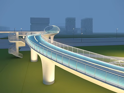 Modern Curved Landscape Bridge With Illuminated Design White Piers Green Lawn And High Rise Buildings 3d model