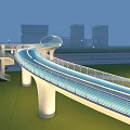 Modern Curved Landscape Bridge With Illuminated Design White Piers Green Lawn And High Rise Buildings