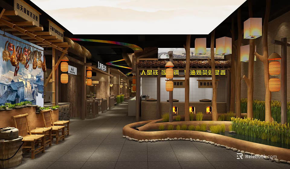 Traditional Chinese Restaurant Interior With Wooden Decor Lanterns Water Pool And Seating Area 3d model 