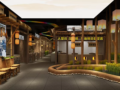 Traditional Chinese Restaurant Interior With Wooden Decor Lanterns Water Pool And Seating Area 3d model