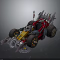 Red And Yellow Modified Racing Car With Skull Decoration Gears Spikes And Flag