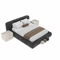 Double Bed in Background with Beige Gray Upholstered Headboard White Sheets Pillows Throw Blanket and Nightstand