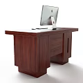 Sturdy Wooden Office Desk With Computer Monitor Keyboard Mouse And Storage Drawers