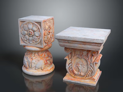Ornate Stone Columns With Intricate Carved Floral Patterns And Lion Head Designs 3d model