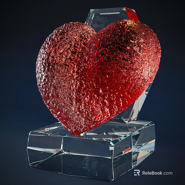 Red Heart Shaped Decorative Ornament Set With Textured Surface And Crystal Base 3d model 