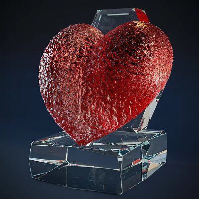 Red Heart Shaped Decorative Ornament Set With Textured Surface And Crystal Base 3d model
