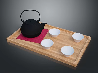 Black Cast Iron Teapot with Red Mat on Wooden Tray and Four White Small Bowls 3d model