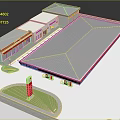 Gas Station Building With Gray Roof Red Trim And Advertising Pillar Structure