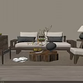 Modern Wooden Sofa and Coffee Table Set with Accent Chair Table Lamp and Decorative Rug