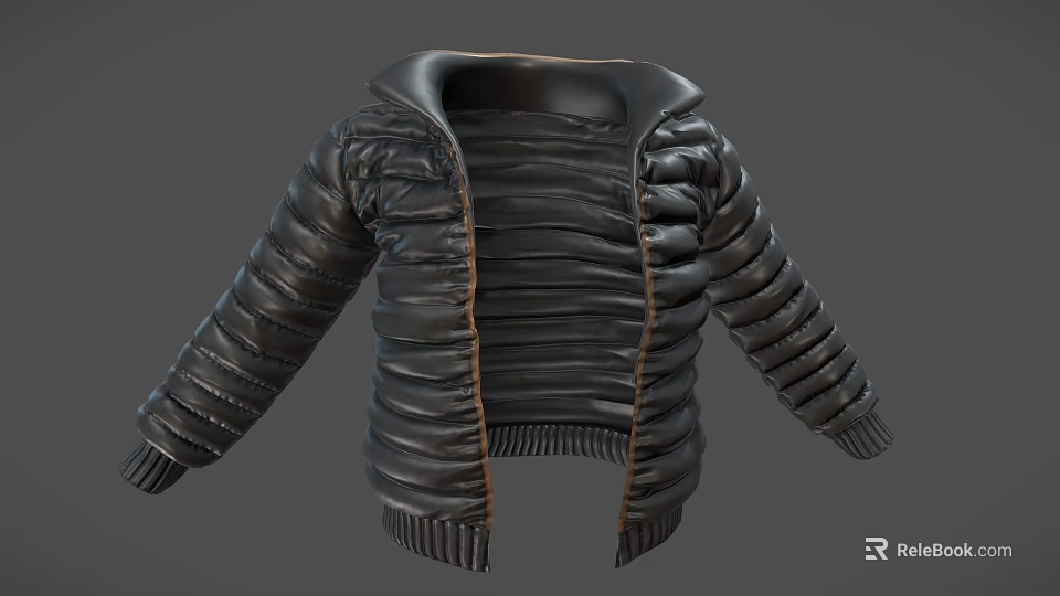 Black Puffer Jacket with Hooded Quilted Design and Zipper Closure Modern Style 3d model 