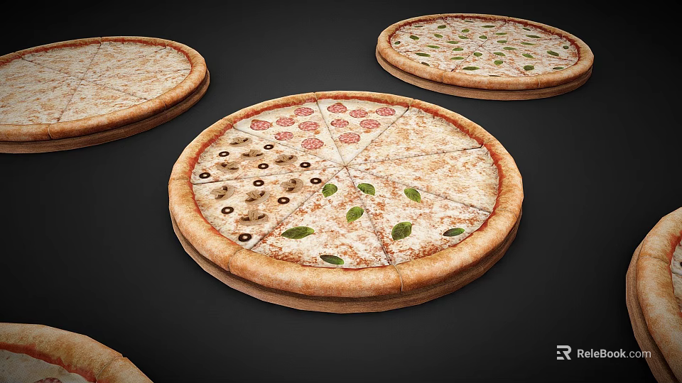 Assorted Fresh Pizzas With Olives Tomato Slices And Basil Leaves On Black Background 3d model 