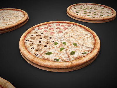 Assorted Fresh Pizzas With Olives Tomato Slices And Basil Leaves On Black Background 3d model