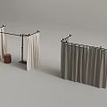 Modern Curtain Stands With White And Gray Fabric Curtains And Wooden Stool