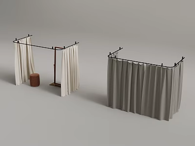 Modern Curtain Stands With White And Gray Fabric Curtains And Wooden Stool 3d model
