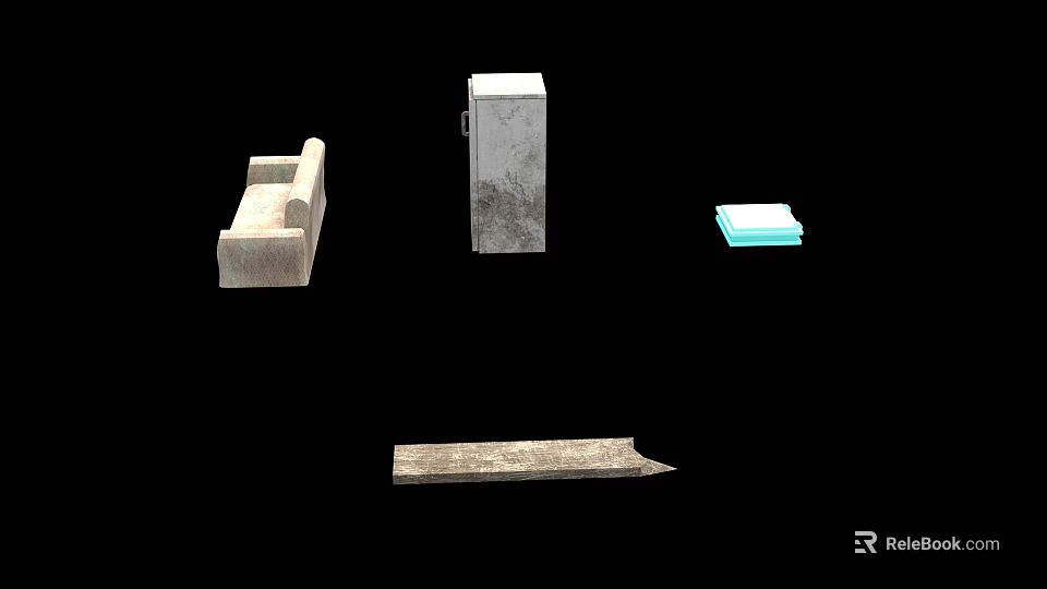 Assorted Objects Featuring Stone Bench Tall Cabinet Blue Fabric Mats and Long Stone Slab 3d model 