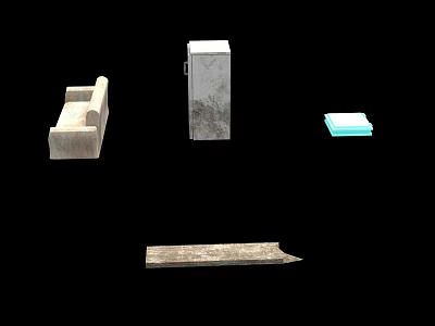 Assorted Objects Featuring Stone Bench Tall Cabinet Blue Fabric Mats and Long Stone Slab 3d model