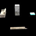 Assorted Objects Featuring Stone Bench Tall Cabinet Blue Fabric Mats and Long Stone Slab