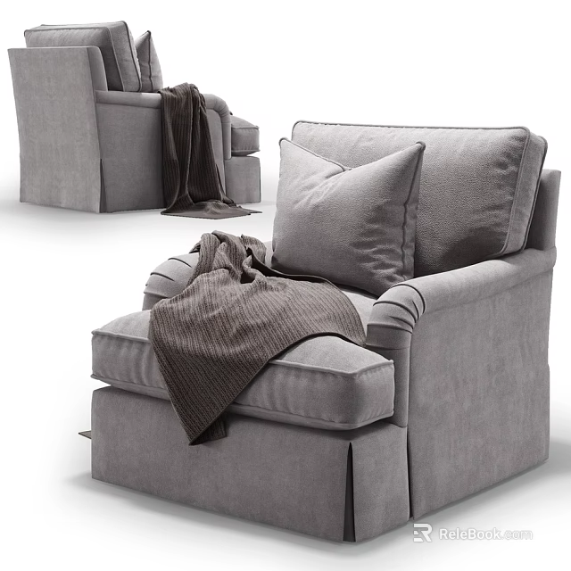 Modern Gray Fabric Single Sofa With Soft Pillows And Cozy Blanket 3d model