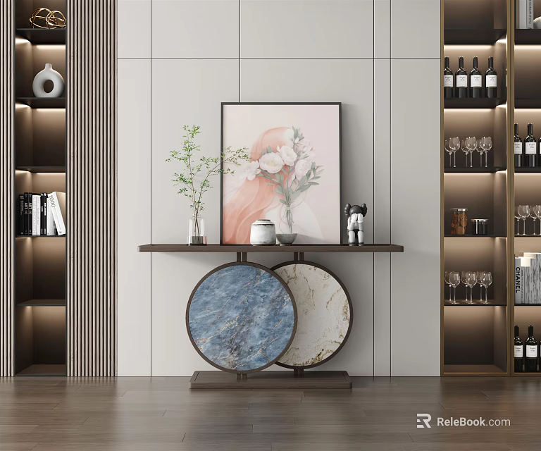 Stylish Console Table With Decorative Painting Vase Plants And Wall Panels 3d model 