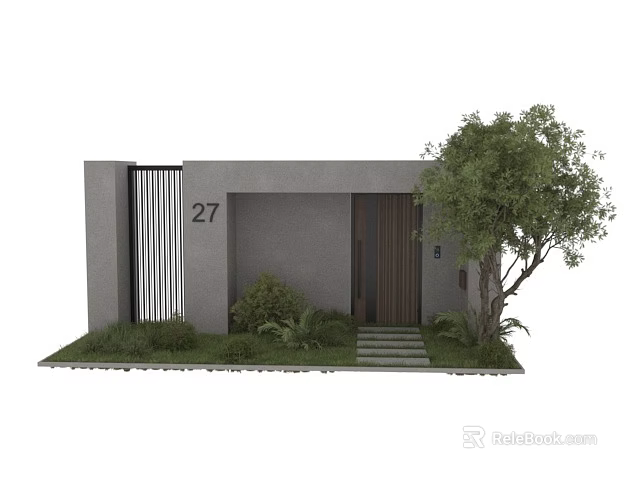 Garden Landscape Design With Gray Building House Number 27 Tree And Green Plants 3d model 